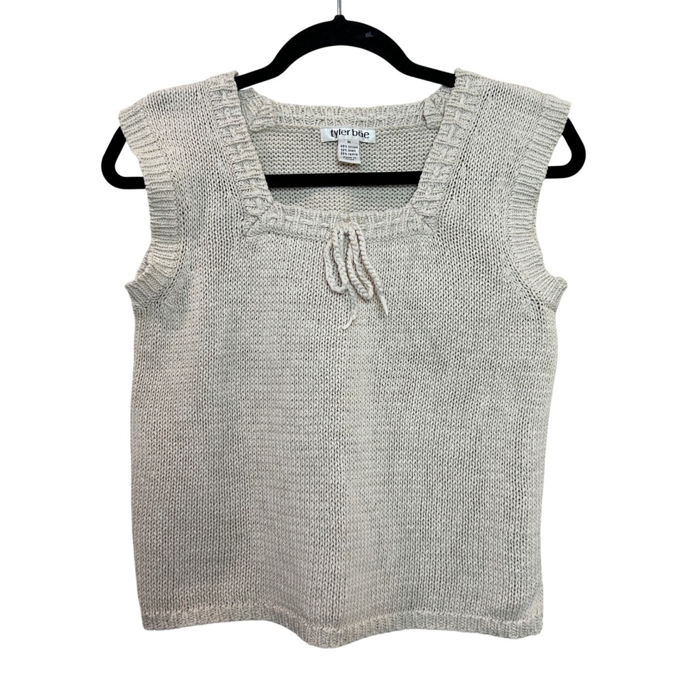 y2k Knit Blouse Womens Medium Beige Linen Blend Coastal Boho Neutral Cottagecore